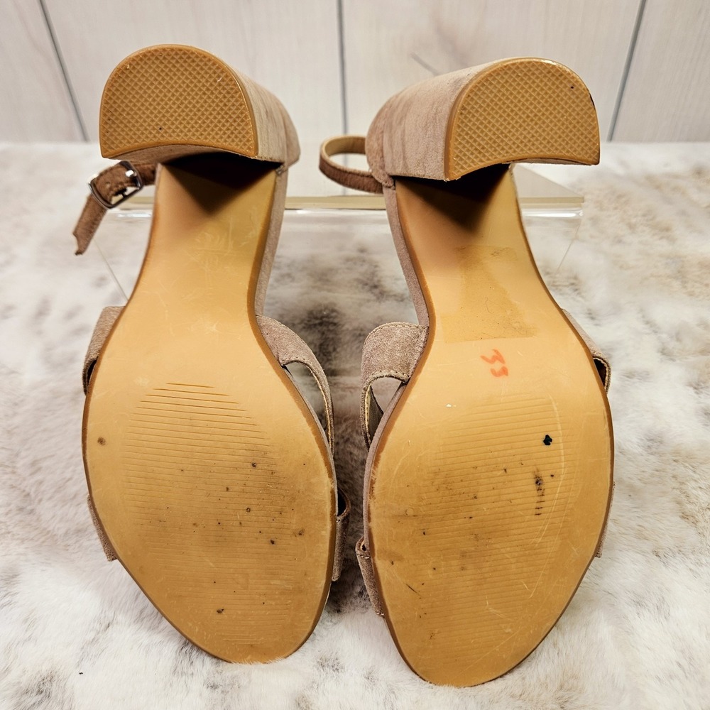 Steve Madden Suede Tan Heels 7M Sarall Open Toes Ankle Straps Office Core Date‎ - Picture 12 of 13